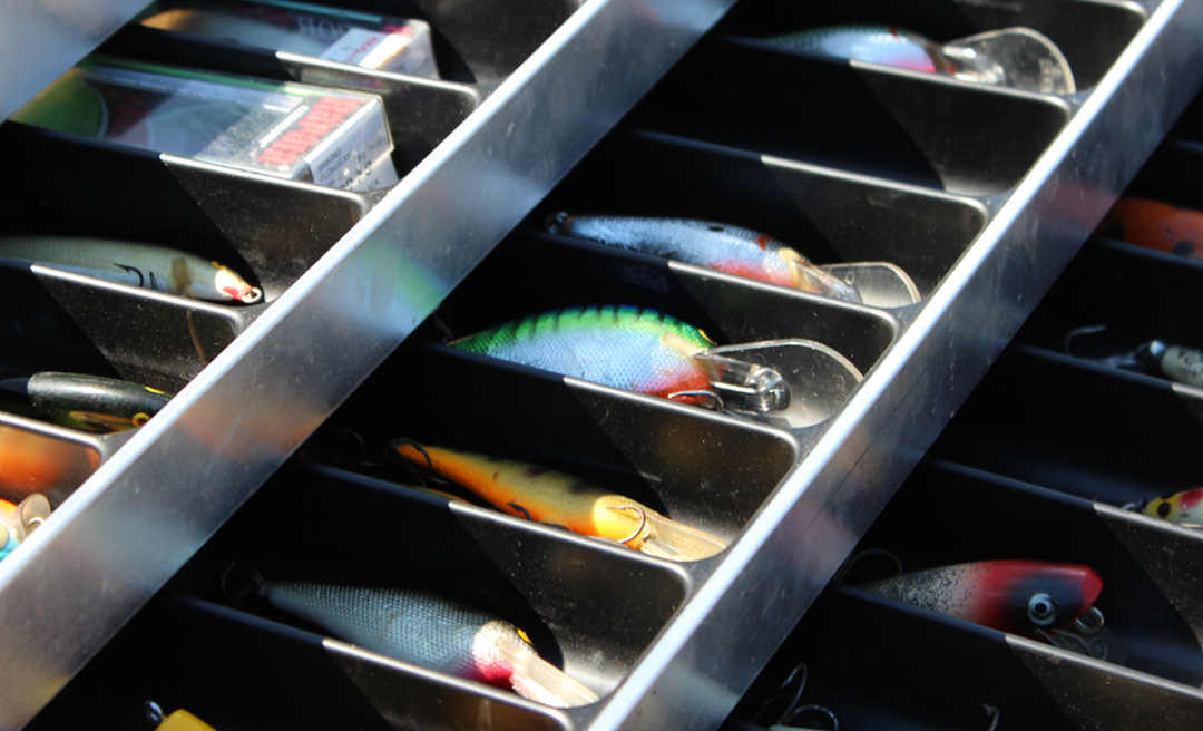 a fishing lures in a drawer