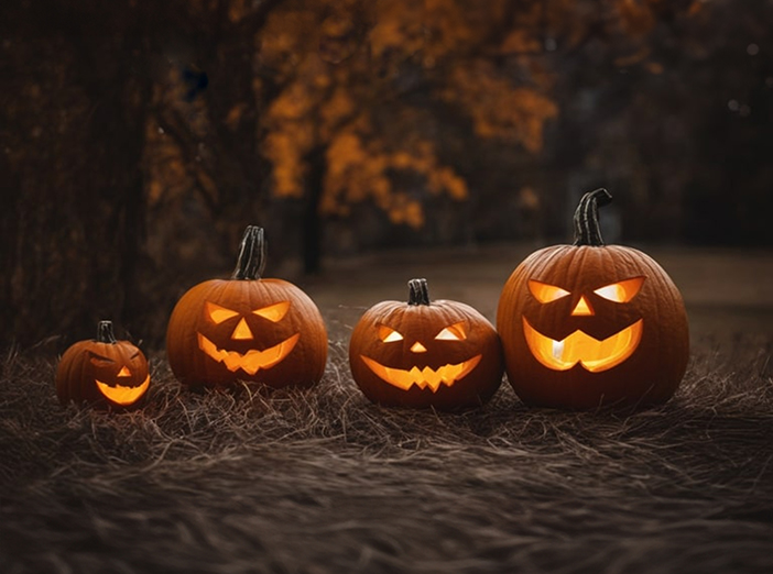 Grouping of 4 carved pumpkins glowing at night