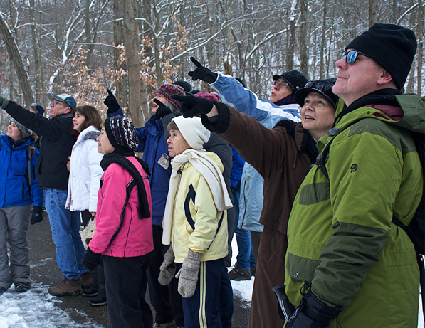a group of people standing in a line pointing at something